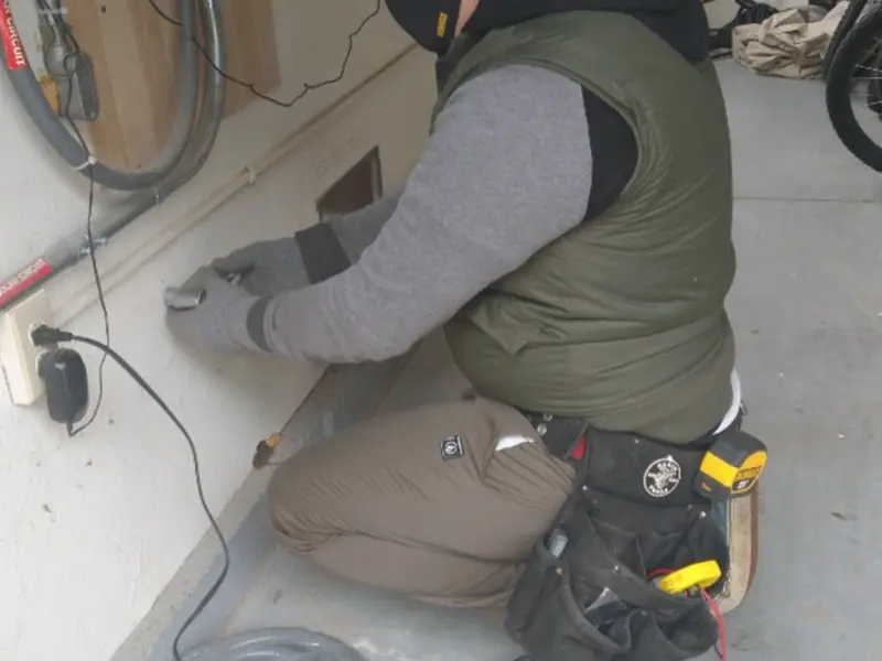 Electrician performing outlet wiring in a Neptune Beach garage